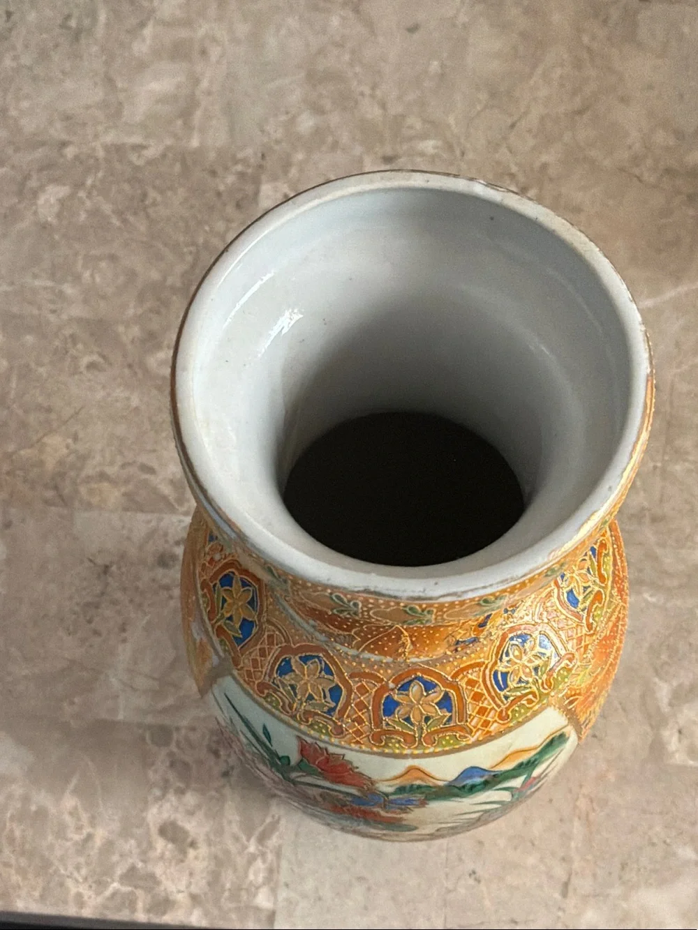 Hand-Painted Floral & Bird Ceramic Vase in Gold and Multicolor